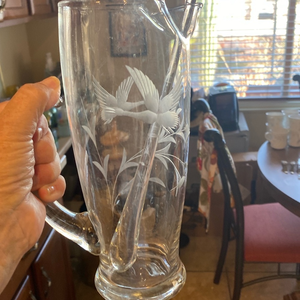 Vintage MCM martini pitcher and stir stick. Etched geese and leaves like new